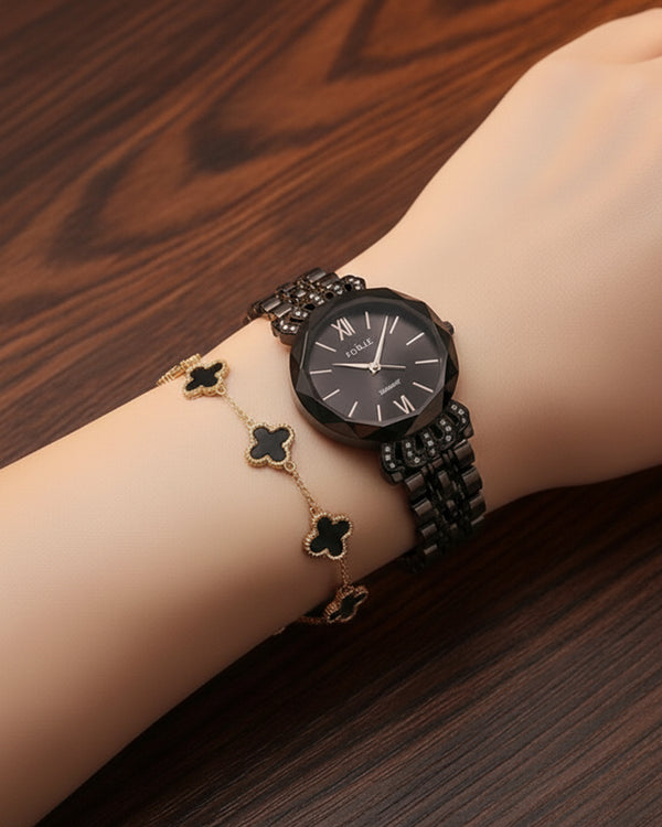 Black Beauty Watch & Clover Bracelet Set