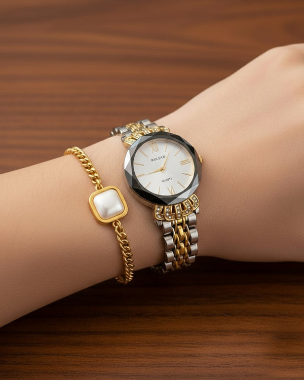 Golden Pearl Bracelet & Luxury Watch Set